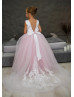 Pearl Neck Satin Tulle Chic Flower Girl Dress With Train